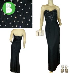 VICTOR COSTA VINTAGE 1980'S BLACK RHINESTONE ACCENT STRAPLESS COCKTAIL DRESS (6)